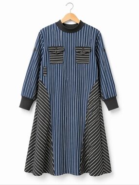 ALEX S. YU Lagenlook Striped Long Sleeve A-Line Dress in Navy and Black Size S